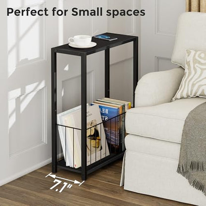 Homleke Narrow Side Table with Magazine Holder, Skinny End Table | Space-Saving Design, Small Spaces, Storage Shelf, Metal Frame, Easy Assembly, 7.1" D x 16.9" W x 23.6" H, Black - color: Black - Standard