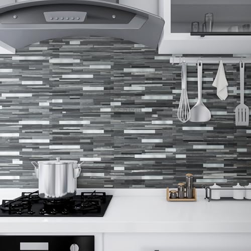 DICOFUN 10-Sheet Peel and Stick Backsplash Tile, Black & Grey Wood Look PVC Mixed Metal Stick on Backsplash Tiles for Kitchen, 9.4 sq.ft - color: Black Wood and Metal Silver, size: 10 Sheets, 12’’x12’’x0.12’’