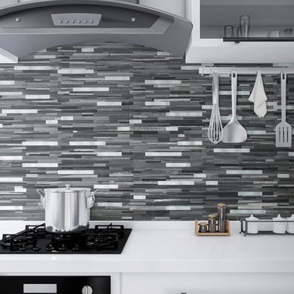 DICOFUN 10-Sheet Peel and Stick Backsplash Tile, Black & Grey Wood Look PVC Mixed Metal Stick on Backsplash Tiles for Kitchen, 9.4 sq.ft - color: Black Wood and Metal Silver, size: 10 Sheets, 12’’x12’’x0.12’’