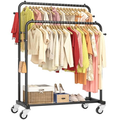 Laiensia Double Rods Garment Rack with Wheels, Clothing Rack for Hanging Clothes,4 Hooks, Multi-functional Bedroom Clothes Rack, Black - color: Black