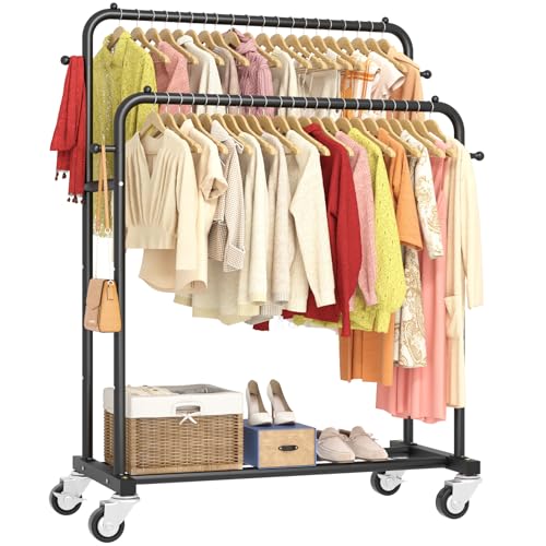 Laiensia Double Rods Garment Rack with Wheels, Clothing Rack for Hanging Clothes,4 Hooks, Multi-functional Bedroom Clothes Rack, Black - color: Black
