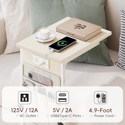 C Shaped End Table with Charging Station, Adjustable Height Side Table for Couch, Small Sofa Table C Table End Table, Slide Under Couch Table TV Tray Arm Table for Living Room, Bedroom, Cream - color: Cream White, style: With Plug
