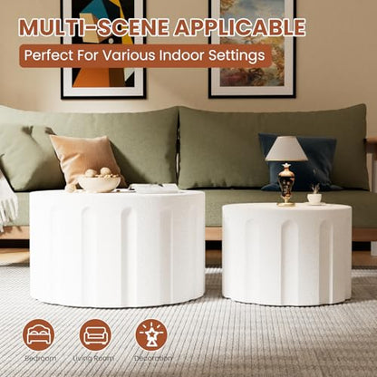 Round Nesting Coffee Table Set of 2 Modern Wood Circle Coffee Table (White) | Fluted Coffee And End Table Set Drum Accent Table for Living Room Small Apartment No Assembly Required - color: White