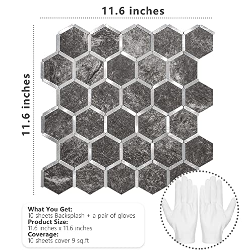 STICKGOO Hexagon Peel and Stick Backsplash Tile, Stick on Backsplash for Kitchen and Bathroom, Black Slate Look PVC Mixed Metal Silver Self Adhesive Wall Tiles(10 Sheets, Seamless) - color: Black Slate with Metal Silver