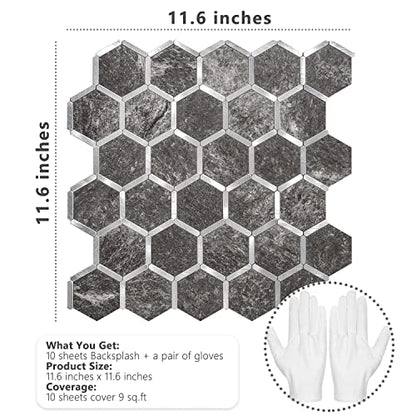 STICKGOO Hexagon Peel and Stick Backsplash Tile, Stick on Backsplash for Kitchen and Bathroom, Black Slate Look PVC Mixed Metal Silver Self Adhesive Wall Tiles(10 Sheets, Seamless) - color: Black Slate with Metal Silver