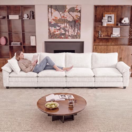 JUMMICO 159" Sectional Couch, Modular Cloud Sofa, White | Comfy Chenille, 4 Deep Seats, High-Density Foam, Double Layer Cushions, Oversized Linear Sofa for Living Room and Apartment - color: White, size: Linear Sofa