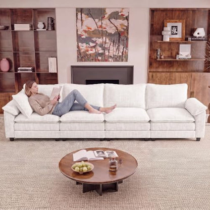 JUMMICO 159" Sectional Couch, Modular Cloud Sofa, White | Comfy Chenille, 4 Deep Seats, High-Density Foam, Double Layer Cushions, Oversized Linear Sofa for Living Room and Apartment - color: White, size: Linear Sofa