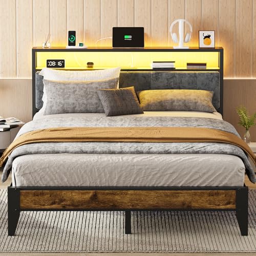 OLEVS Queen Size Bed Frame with Charging Station & LED Light, 2-Tier Storage Headboard & Footboard, Noise-Free Metal Platform Bed No Box Spring Needed, Easy Assembly - size: Queen