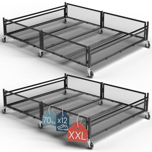 Under Bed Storage with Wheels – Heavy Duty Large Metal Storage Container (70lb load), Low Profile Rolling Organizer with Removable Rubber Wheels, Easy Access for Clothes, Shoes & Blankets - size: Pack of 2