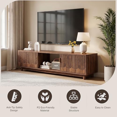 FurSch 62.2" Mid-Century Modern Fluted TV Stand, Walnut | Low Profile, 3D Slatted & Waved Design Panel, For Living Room Bedroom - color: Walnut