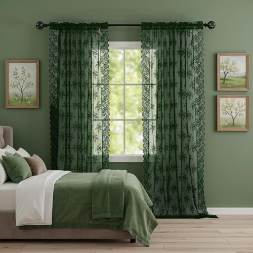 Kotile Emerald Green Sheer Curtains for Living Room 52 x 80 Inch, 2 Panels | Rod Pocket, Delicate Knitted Texture, Diffused Window Light, Refined Botanical Depth, Classic Full-Length Look, Privacy - color: Embrald Green, size: 52"W x 80"L (Pack of 2)
