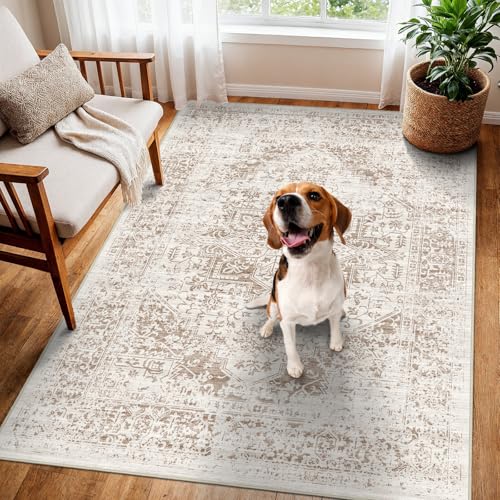 3x5 Washable Runner Rug: Vintage Medallion Kitchen Soft Rugs IvoryBeige | Non Slip Pet Friendly Water Resistant Low Pile Design Easy Clean Durable for Entryway Hallway and Indoor High Traffic Areas - color: Ivory/Beige, size: 3x5