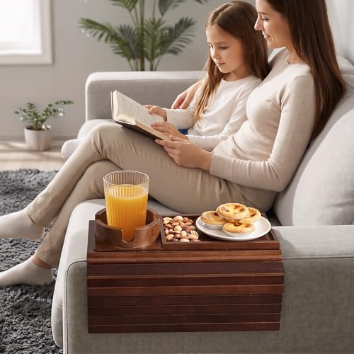 Bamboo Sofa Armrest Tray, Foldable Couch Arm Tray Side Table, 2 in 1 Anti-Falling Armrest Tables Cup Holder for Snacks, Drinks, Beers, Phone, Control, Flexible and Portable, Anti-Slip, (Brown) - color: Brown