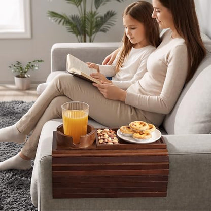 Bamboo Sofa Armrest Tray, Foldable Couch Arm Tray Side Table, 2 in 1 Anti-Falling Armrest Tables Cup Holder for Snacks, Drinks, Beers, Phone, Control, Flexible and Portable, Anti-Slip, (Brown) - color: Brown