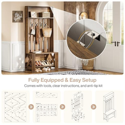 Tribesigns Hall Tree with Bench and Shoe Storage, Farmhouse Entryway Bench with Coat Racks, 70.8" Tall Wooden Freestanding Coat Rack with shoe storage and 4 Hooks for Mudroom, Hallway, Bedroom, Brown