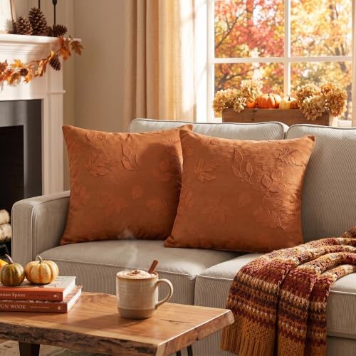 AVOIN colorlife Caramel Jacquard Decorative Throw Pillow Covers Set of 2, 18 x 18 Inch Maple Leaf Woven Textured Cushion Case Home Decor for Couch Sofa Bed - color: Caramel