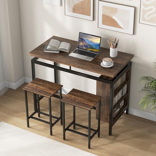GIANTEX 3-Piece Dining Table Set - Counter Height Dining Table Set with 2 Bar Stools, 3-Tier Storage Shelf, Space-Saving Breakfast Nook Table Set for Small Places, Kitchen Table Chairs Set for 2