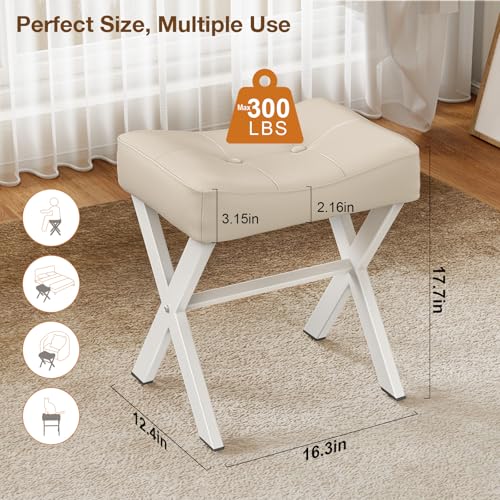 18-Inch Leather Vanity Stool Chair, Beige Makeup Stool | Vanity Bench, Metal X-Leg, Ottoman Accent Stool, Thick Padded Saddle Seat, 300 LBS, 16.3"x12.4"x18", For Living Room Bedroom - size: Small, style: Beige Leather