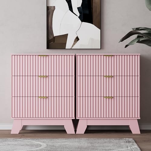 Night Stand Set 2, Bedside Table & End Table, Mid Century Modern Fluted Wood Nightstand with 3 Drawers & Metal Handles, Farmhouse Nightstand for Bedroom, Pink - color: Pink, style: 3 Drawers-2 PCS