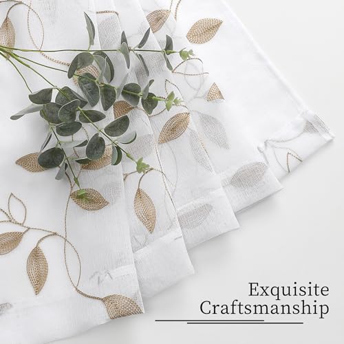 Tollpiz Taupe Leaf Sheer Tier Curtain Kitchen 30 x 36 Inches | Leaves Embroidered Curtains Rod Pocket Voile Bathroom Window Treatment for Cafe, Set of 2 Panels - color: Taupe, size: 30"W x 36"L (Pack of 2)