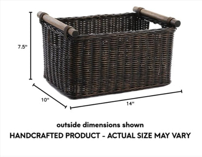 The Basket Lady Pole Handle Wicker Storage Basket, S, Walnut Brown | Outside: 14" L x 10" W x 7.5" H | Inside: 12"L x 8.5"W x 7"H - Handcrafted by artisans from natural rattan - color: Antique Walnut Brown, size: Small