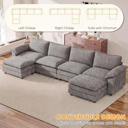Homall 158.6" U-Shaped Cloud Couch, Modular Sectional Sofa for Living Room | Soft Chenille, 2 Movable Ottoman, Double Layer Cushion, 4 Seat, Sturdy Frame, High-Density Foam, Easy Assembly, Light Grey - color: Light Grey, size: U Shaped Sofa