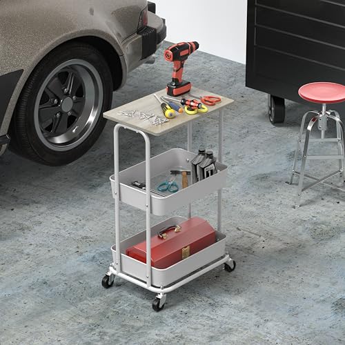 Simple Houseware 2-Tier Rolling Utility Cart Wood Top/Lockable Wheel, Maple | Metal Storage Organizer Trolley for Kitchen, Bathroom, Office, Craft Room - color: Maple