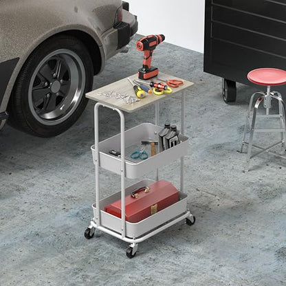 Simple Houseware 2-Tier Rolling Utility Cart Wood Top/Lockable Wheel, Maple | Metal Storage Organizer Trolley for Kitchen, Bathroom, Office, Craft Room - color: Maple