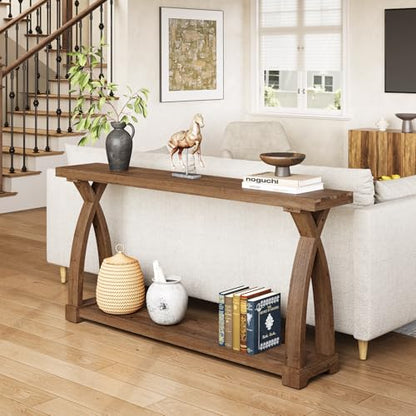 Solid Wood Console Table for Entryway, 63-Inch Narrow Farmhouse Couch Table Behind Sofa with 2-Tier Storage for Entrance, Foyer, Living Room, Long, Dark Brown - color: Dark Brown