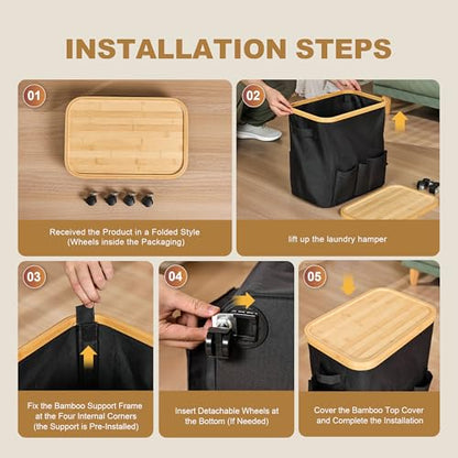 50L Small Clothes Hamper, Small Landry Hamper with Lid Rolling Collapsible Laundry Hamper with Detachable Wheels Bamboo Frame 7 Oxford Storage Pockets for Bathroom Bedroom Salon RV, Black - color: Black
