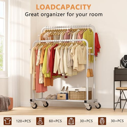 Laiensia Double Rods Garment Rack with Wheels, Clothing Rack for Hanging Clothes,4 Hooks, Multi-functional Bedroom Clothes Rack, White - color: White