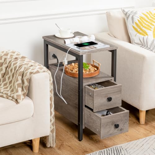 HOOBRO End Table with Charging Station, Narrow Side Table with 2 Drawers & USB Ports & Power Outlets, Nightstand for Small Spaces, Bedroom, Living Room, Stable and Sturdy, Greige and Black BG541BZ01 - color: Greige + Black