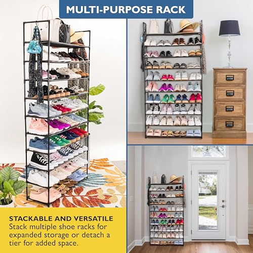 Sundaze Shoe Rack - 10 Tier Shoe Rack for Front Door Entrance, Sturdy Tall Shoe Organizer for Closet, Bedroom, Entryway, Garage, Non Woven Fabric Shelf, Black, Holds Up to 50 Pairs - size: 10 Tier (34.3" W)