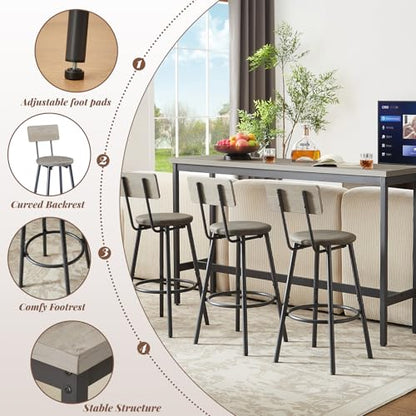 63” Long Bar Table Set for 3, Counter Height Industrial Pub Table with 3 PU Upholstered Bar Stools, Space-Saving Kitchen Breakfast Table and Chairs for Small Spaces, Rustic Gray and Black - color: Grey, style: Long bar table with stools/bar table set for