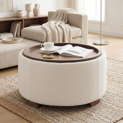 Zihanhome 30 Inch Round Storage Ottoman, Ottoman Coffee Table with Lift Off Lid, Boucle Modern Ottomans with Storage for Living Room, Bedroom, Apartments (Beige) - color: Beige