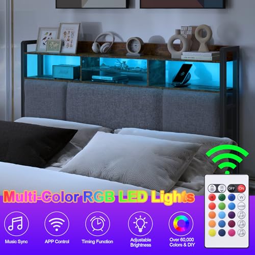 Upholstered Queen Size Headboard with Charging Station & LED Light | Head Board with Storage Shelves for Bed, Queen Headboard Only, Height Adjustable, Sturdy & Stable, Brown - size: Queen