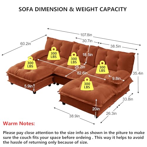 Modular Sectional U-Shaped Sofas,Roomy 3 Seater Sofa Couch with Ottomans,107.8" Chenille U Shape Cloud Couches,Modern Tufted Corner Sofa Set for Living Room - color: Orange, size: 3+2