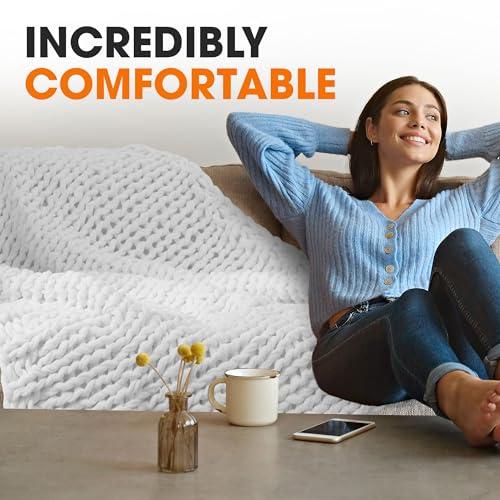 Cheer Collection Chunky Knit Blanket - Throw Blankets for Bed & Couch, Cozy Chunky Knit Throw Blanket, Ultra-Soft Oversized Knitted Blanket, Machine Washable Knit Throw Blanket- 50''x60'', White - color: White