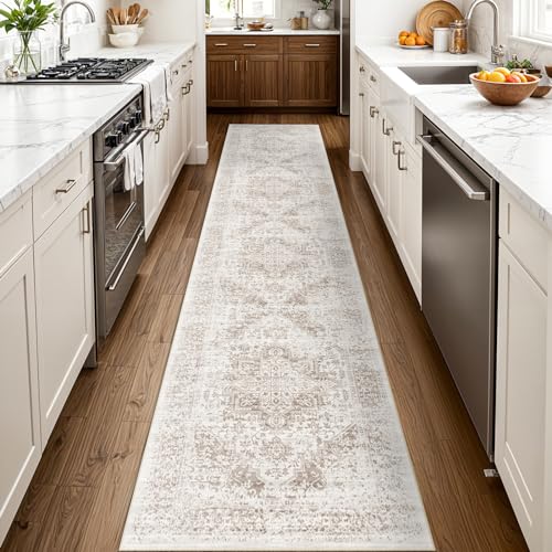 2'6"x12 Washable Runner Rug: Vintage Non-Slip Rug for Kitchen IvoryBeige | Low Pile Water Resistant Design Easy Clean Surface Soft Durable Rugs for Entryway Hallway and Indoor High Traffic Areas - color: Ivory/Beige, size: 2'6" x 12' (Runner)