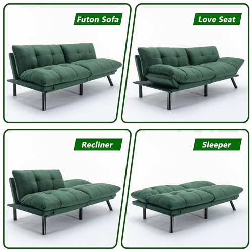 71" Velvet Futon Couch Bed with Mattress Included,Convertible Folding Sleeper Sofa Bed with Adjustable Backrests,Modern Loveseat Sleeper for Living Room Bedroom Small Space Home Office (Green)