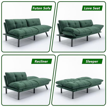 71" Velvet Futon Couch Bed with Mattress Included,Convertible Folding Sleeper Sofa Bed with Adjustable Backrests,Modern Loveseat Sleeper for Living Room Bedroom Small Space Home Office (Green)