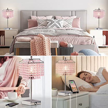 Luvkczc Crystal Touch Table Lamp, Bedside Lamp with USB C+A Ports, Pink Lamp, Dimmable Lamp with Crystal Shade, Nightstand Lamp for Girl Bedroom, Living Room, Bulb Included - color: Pink