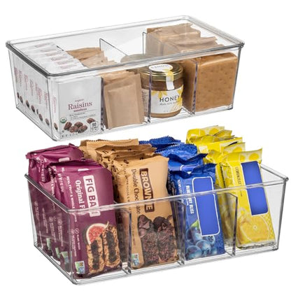 ClearSpace Pantry Organizer Storage Bin with Divider & Lid, 2 Pack | Storage bin with removable divider and lid for organizing pantry items and kitchen storage - size: 10" x 6" x 3" - 2 Pack