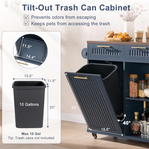Okvnbjk 57" Rolling Kitchen Island with Storage & Drop Leaf, Navy Blue | Mobile Island with Trash Can Storage Cabinet, Large Island Cart on Wheels with Power Outlet, Spice & Towel Rack - color: Navy Blue