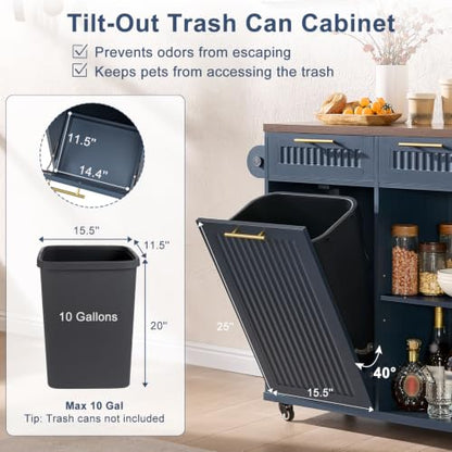Okvnbjk 57" Rolling Kitchen Island with Storage & Drop Leaf, Navy Blue | Mobile Island with Trash Can Storage Cabinet, Large Island Cart on Wheels with Power Outlet, Spice & Towel Rack - color: Navy Blue