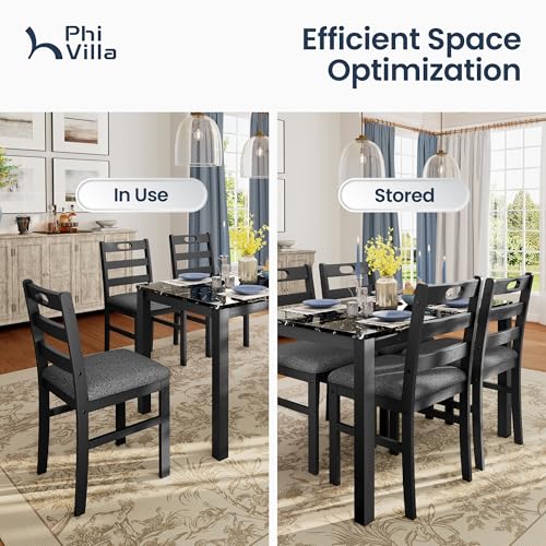 PHI VILLA Dining Table Set for 4, Marble Design Kitchen Table and Chairs | Marble Tabletop, Solid Rubber Wood, Padded Cushion Chairs, Space Saving, Easy Assembly, Black Marble& Gray - color: Venatino Black Marble&gray