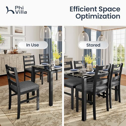 PHI VILLA Dining Table Set for 4, Marble Design Kitchen Table and Chairs | Marble Tabletop, Solid Rubber Wood, Padded Cushion Chairs, Space Saving, Easy Assembly, Black Marble& Gray - color: Venatino Black Marble&gray