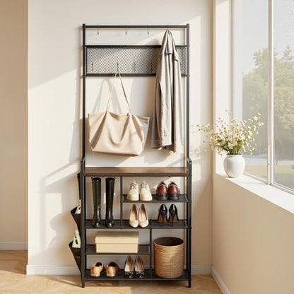 VEVOR Hall Tree, 70.9 in Coat Rack with Shoe Storage, Freestanding 4-Tier Shoe Rack Organizer with Hooks, Side Pocket and Wire Shelf, Steel Frame Entrance Coat Holder for Entryway, Bedroom, Closet - size: High Shoe Rack