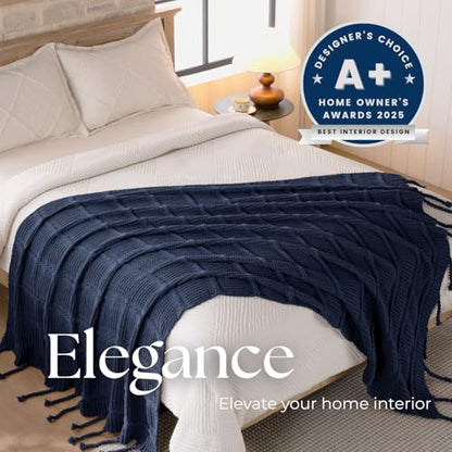 Boho Knitted Chenille Blanket with Tassels - Lightweight & Soft All-Season Throw - 3D Classic Pattern for Living Room Bedroom Couch, Royal Blue, Twin 60"x80" - color: Royal Blue, size: Twin