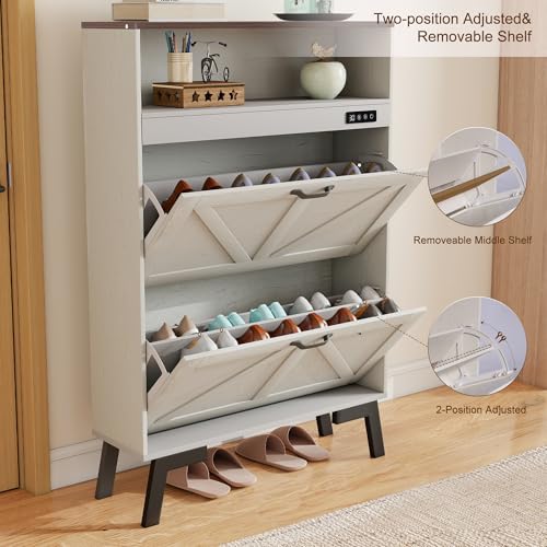 Shoe Cabinet with Deodorizer, Narrow White Entryway Storage, Anti-Tip | Deodorizer with 4 Modes | 2 Flip Drawers | Adjustable Shelves | Narrow White Design | Anti-Tip Kit | 9.4"D x 31.4"W - size: 47"H x 34.1"W x 9.4"D